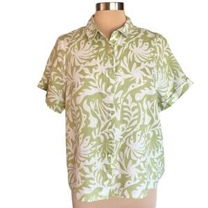 Rachel Zoe Linen Camp Shirt Women L Tropical Print Travel Vacation Cruise Resort